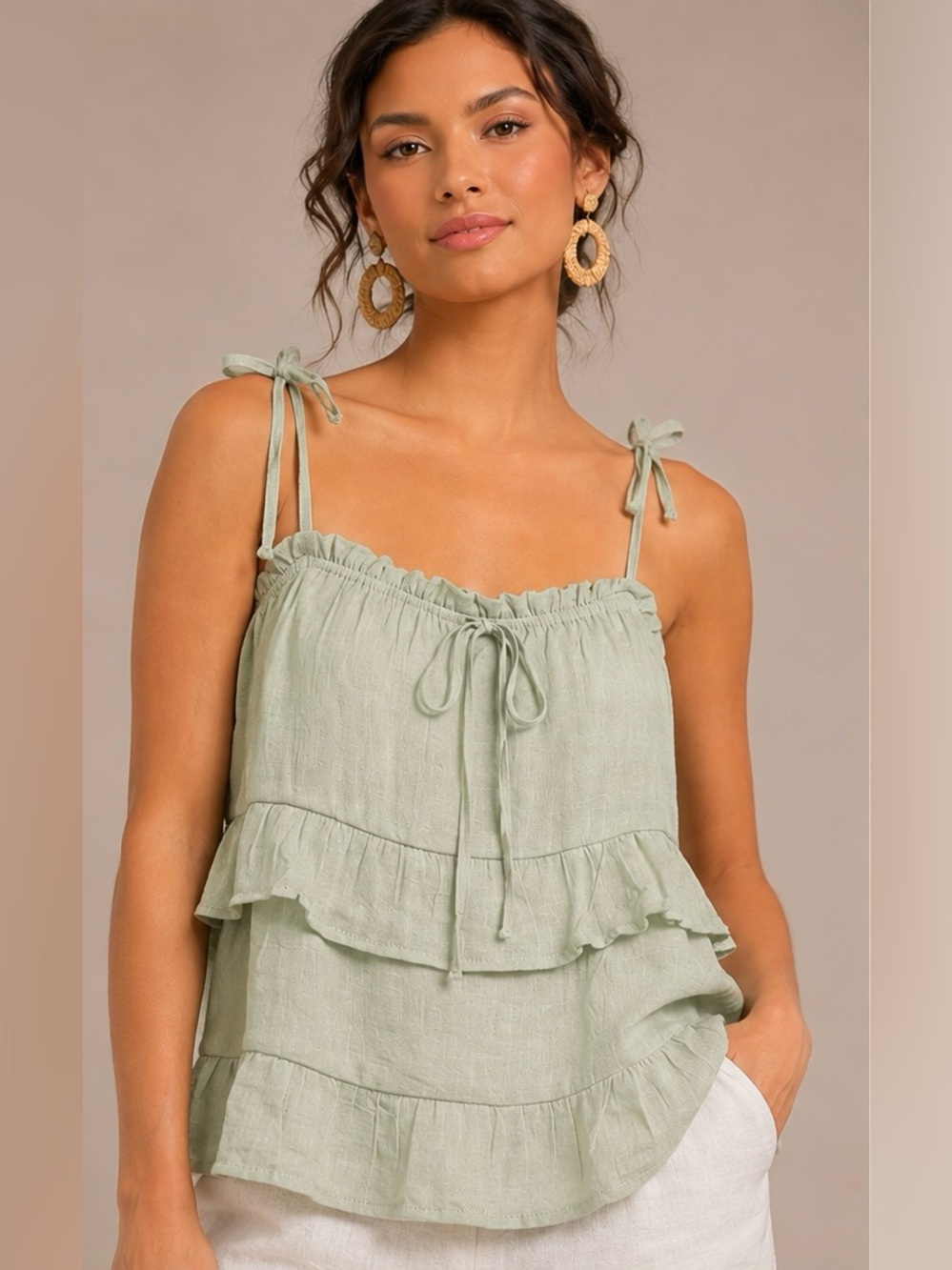 Blu Pepper Sage Green Ruffle Tie Bow Boho Tank Top Size L NWT